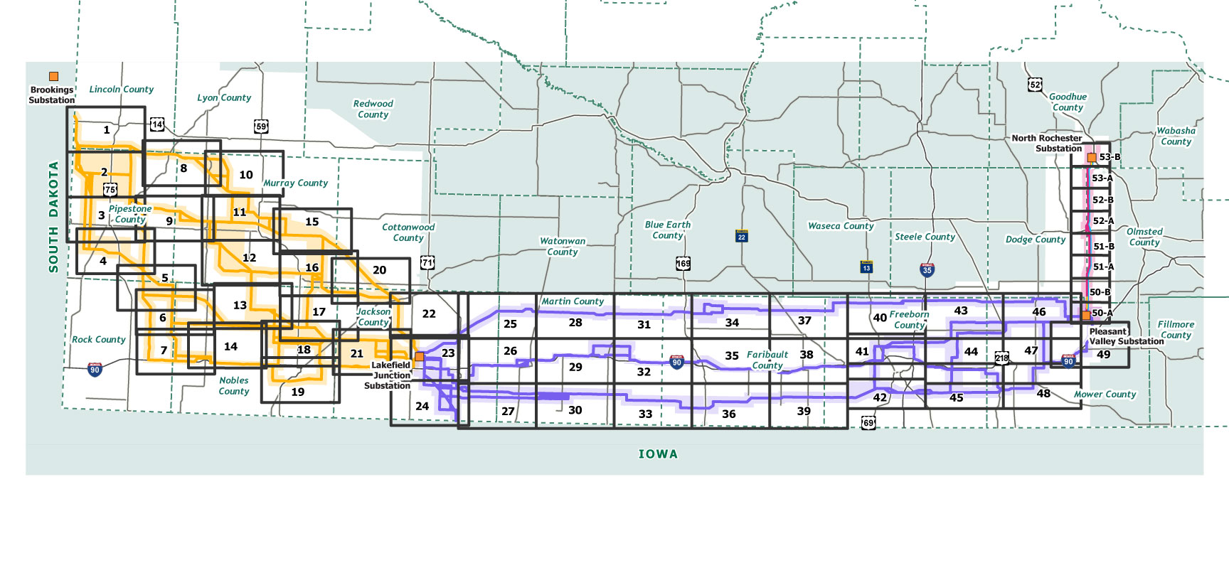 Map of project area split by rectangular areas